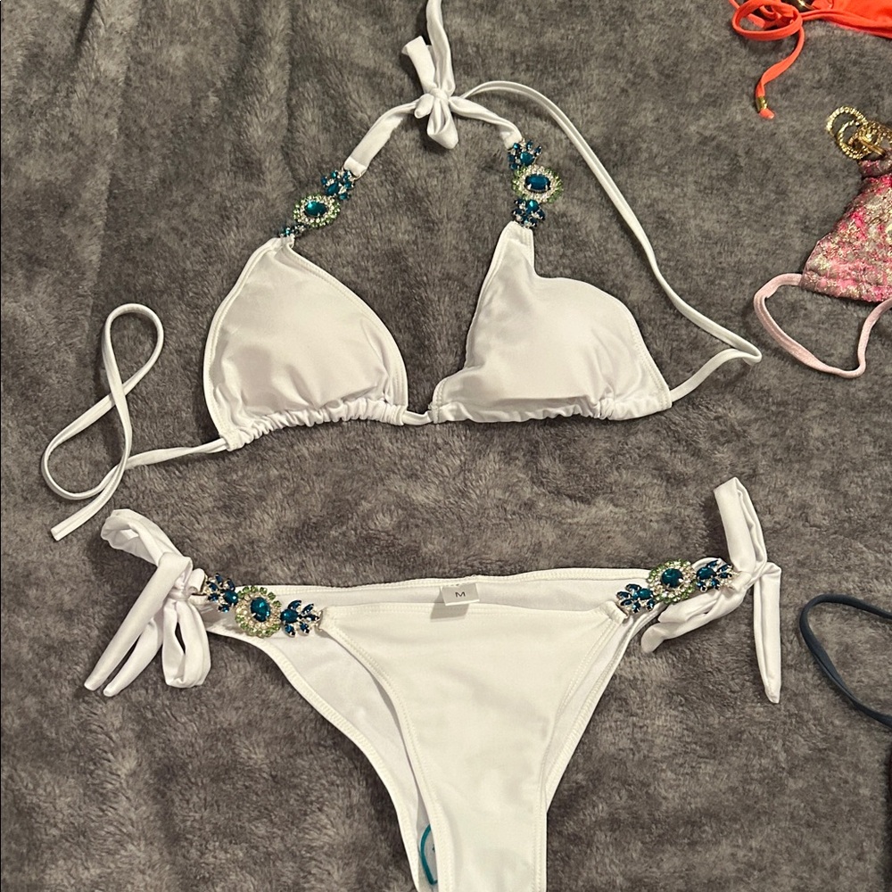 White Bikini with Blue and Green Jeweled Embellishments